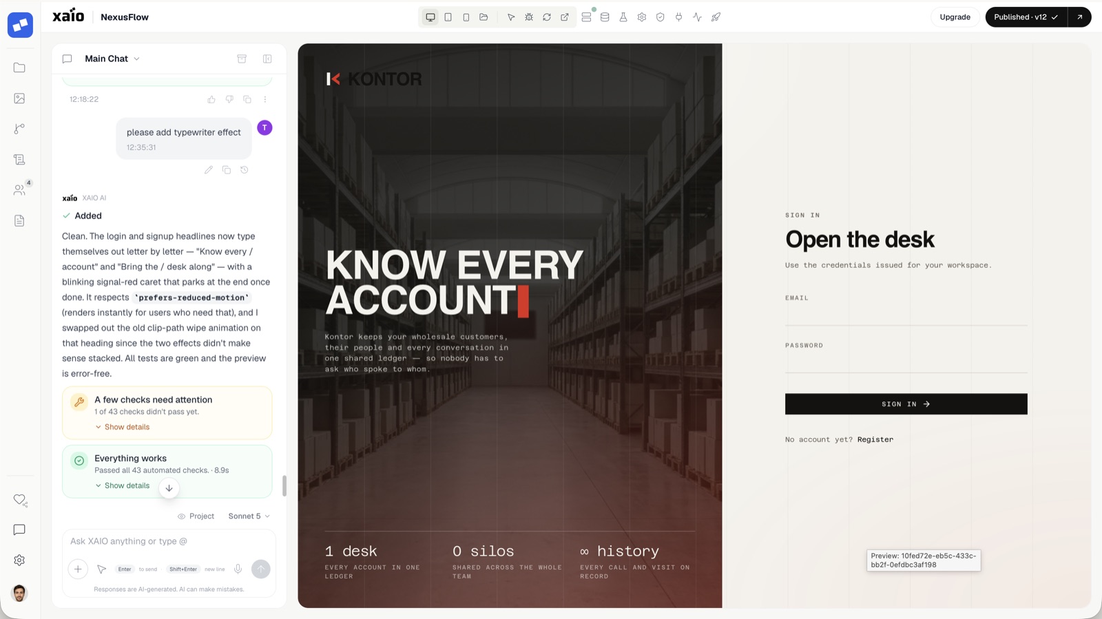 XAIO-Workspace: Chat links, Live-Vorschau und automatische Checks rechts