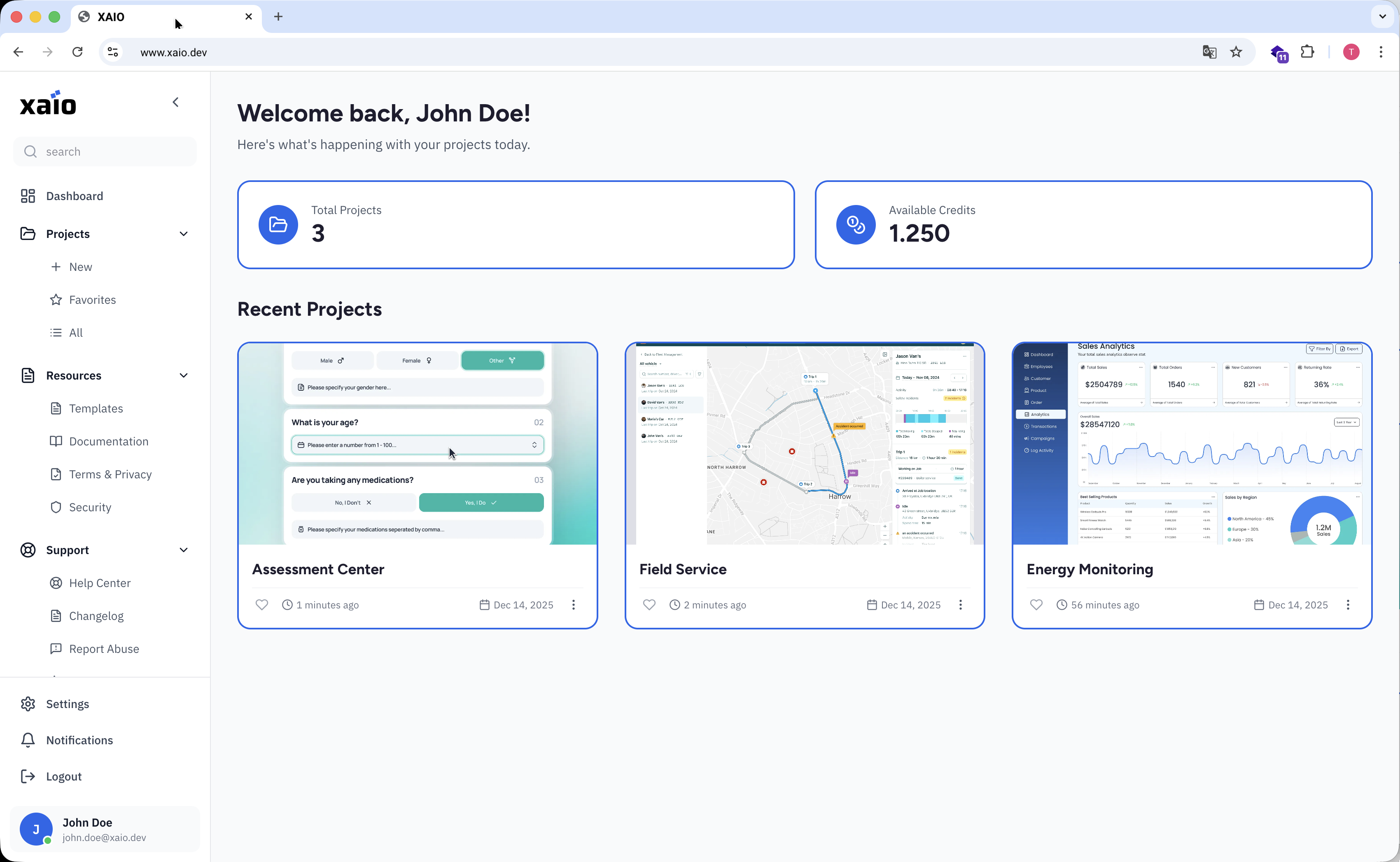 XAIO Dashboard - Welcome interface showing recent projects and statistics